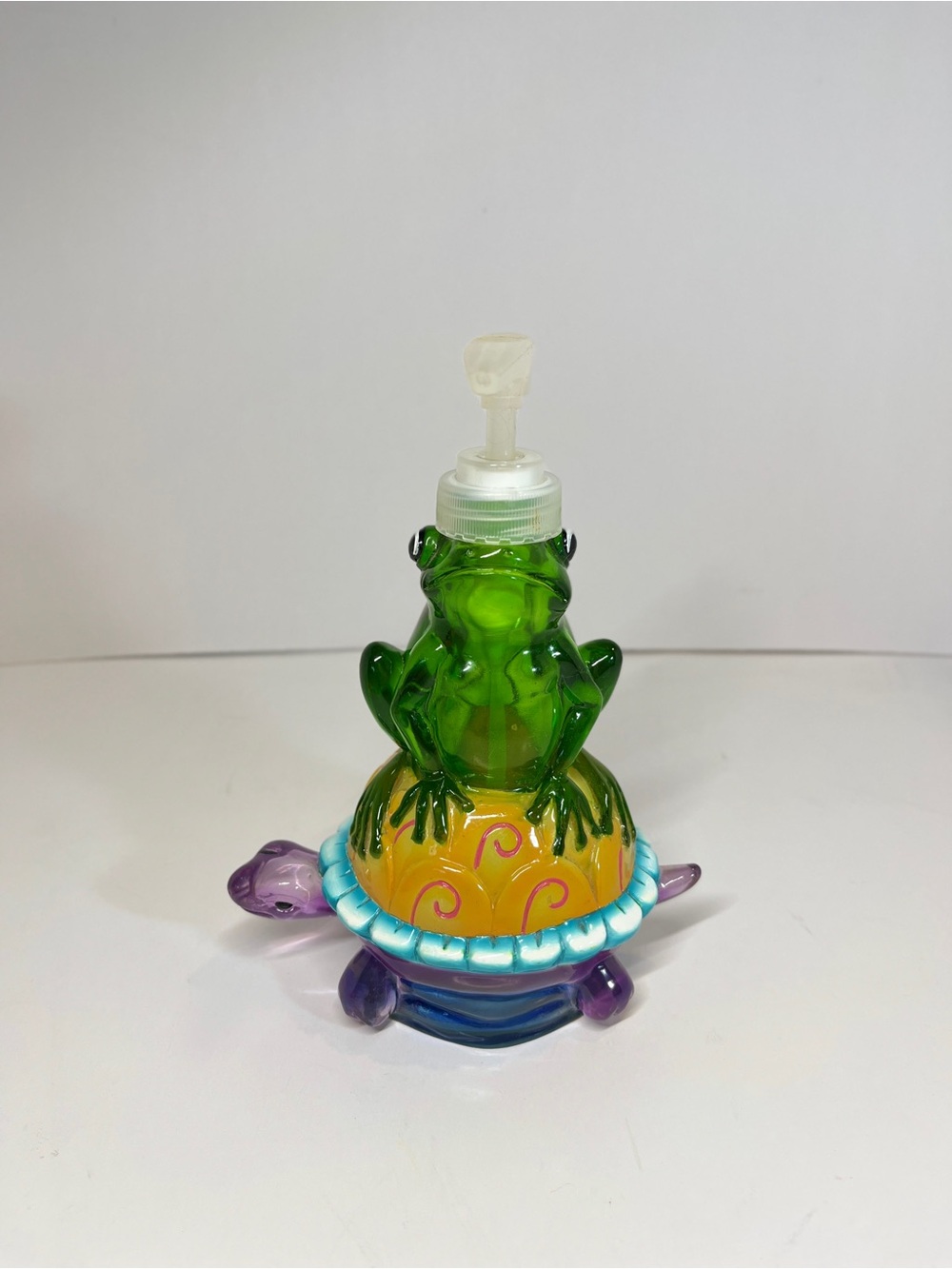 Vintage Translucent Resin Frog on Turtle Pump Lotion Soap Bottle Bathroom Decor